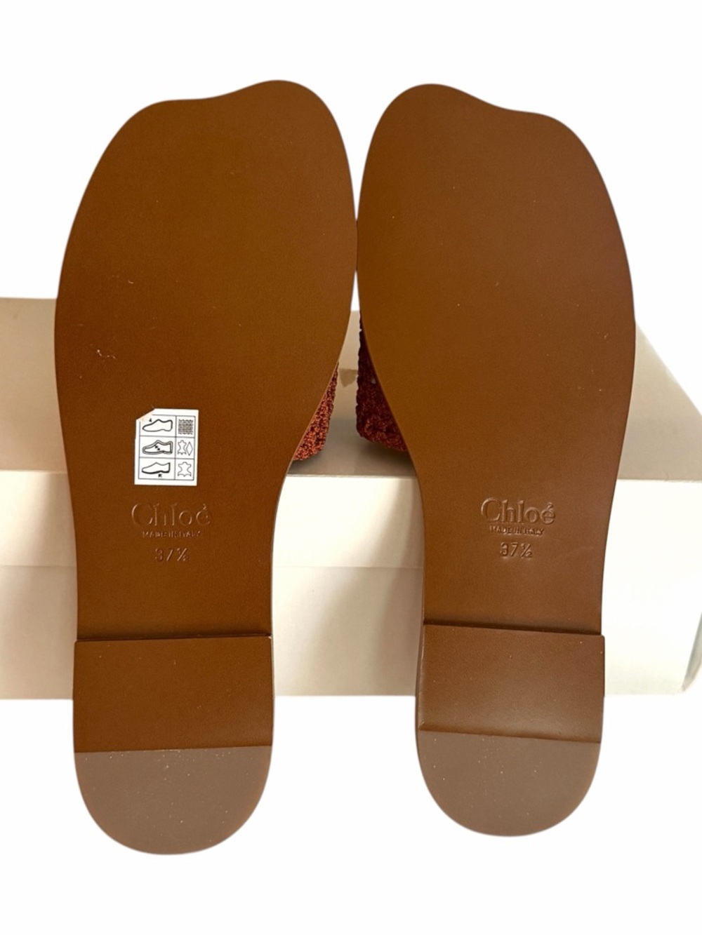 Chloé Flower Leather Crochet Logo Slide Sandals 37.5 / US 7.5 Rust Brown New - Picture 3 of 8